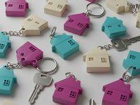 Close up of keys laid out attached to pink, beige, and teal house-shaped keychains
